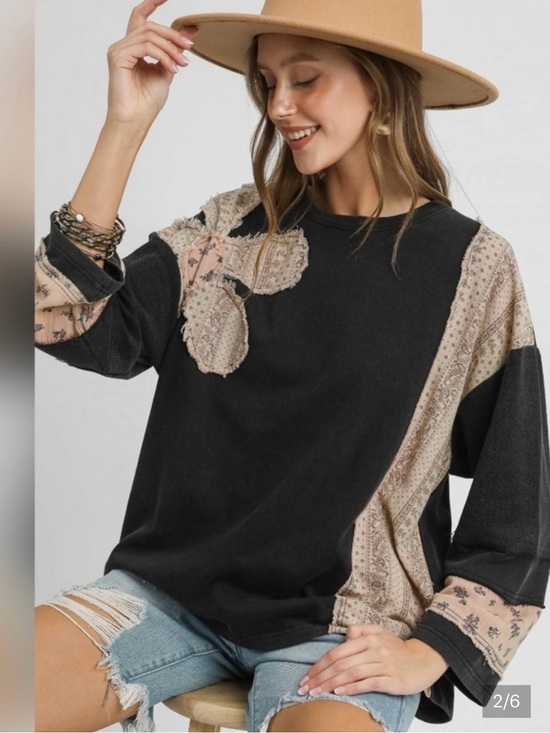 Umgee Tops - Umgee Mineral Washed Black Sweatshirt with Pink Floral Patchwork